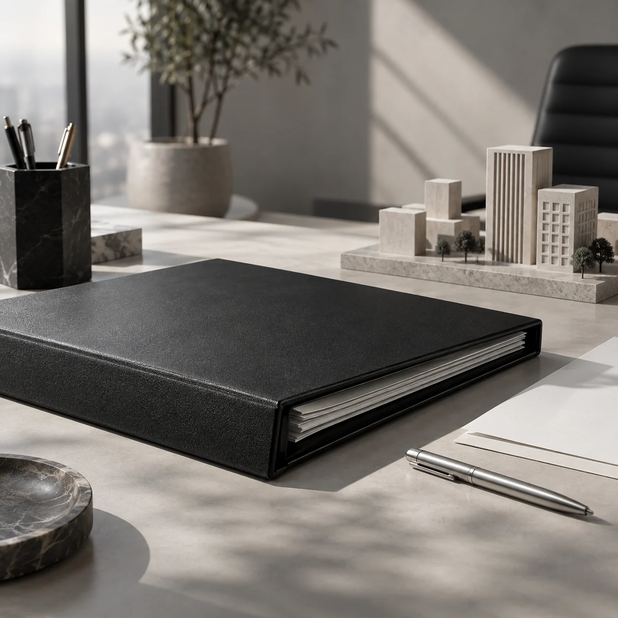 Binder hitam dan miniatur gedung di atas meja kerja